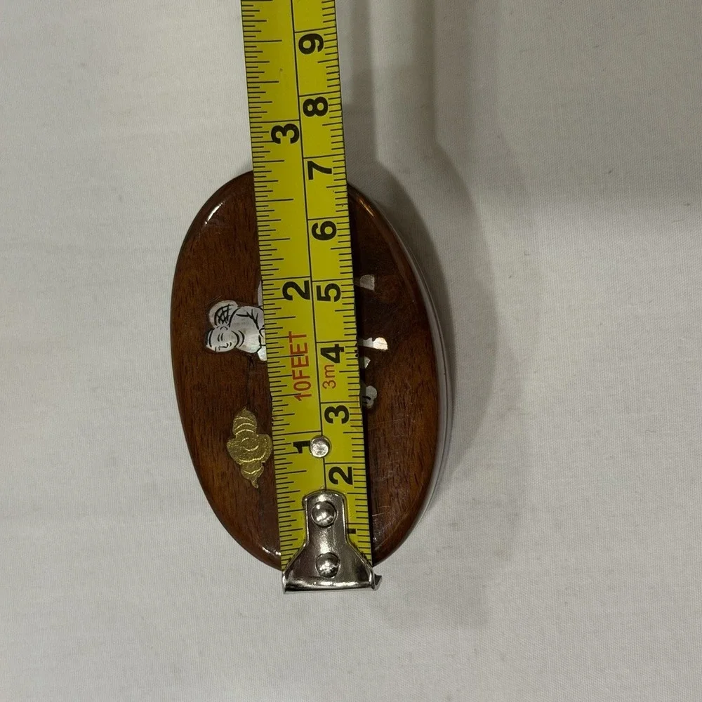 Vintage Wood Inlay Trinket Box Oval Red Velvet Interior Asian Ox Rider Small‎